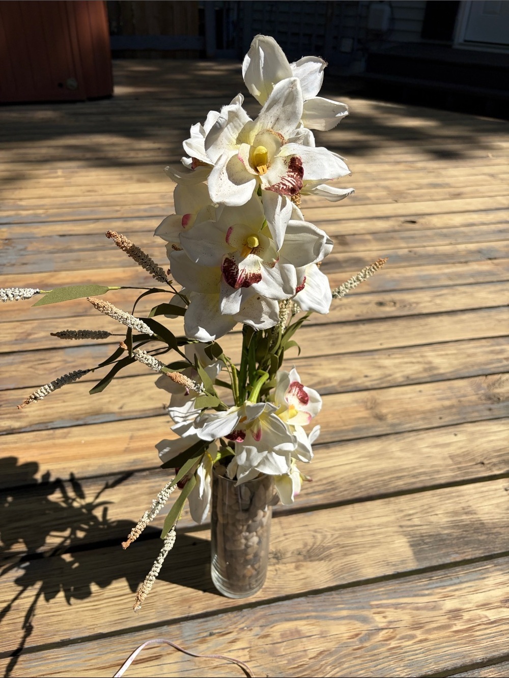 White Orchid Artificial Arrangement in Glass Vase with River Rocks